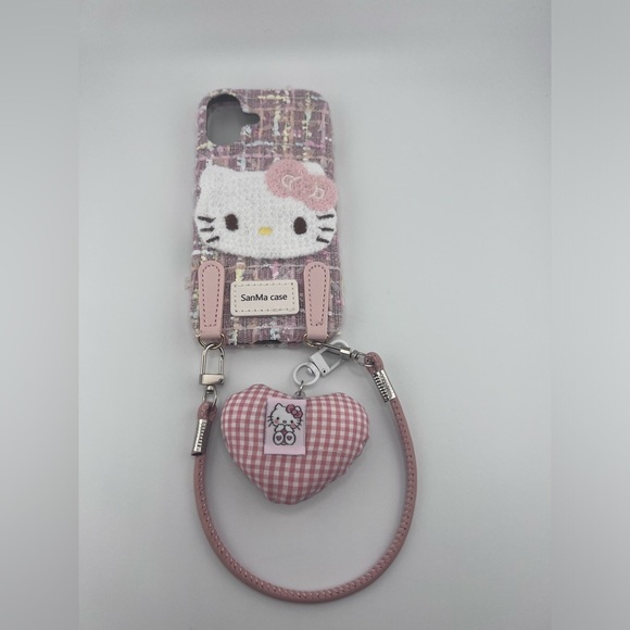 iPhone 16 Case – Pink Tweed Hello Kitty Style with Strap Hooks,Cute & Stylish - Picture 3 of 5